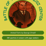 A vibrant cover featuring a pig in a suit, related to 'Animal Farm' by George Orwell, along with quiz information.
