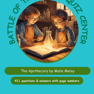 A colorful quiz center graphic featuring two children in a laboratory setting, studying a book with a glowing potion.