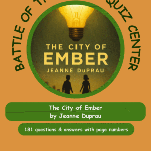 A quiz book cover for 'The City of Ember' by Jeanne Duprau, featuring two silhouetted figures under a glowing lightbulb.