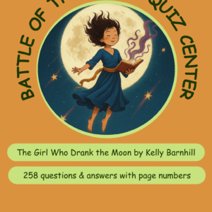 A vibrant orange background with a girl reading a book under a large moon, promoting a quiz for 'The Girl Who Drank the Moon'.