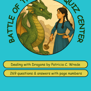 A quiz center themed around the book 'Dealing with Dragons', featuring a girl and a green dragon, with quiz details displayed prominently.