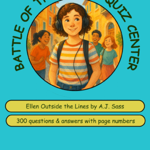 A colorful quiz center cover featuring a girl with headphones, surrounded by friends, promoting a book quiz with 300 questions and answers.