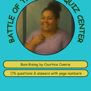 A teal background with a smiling girl, text highlighting a quiz center for 'Rain Rising' with 176 questions and answers.