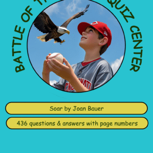Colorful quiz center poster featuring a boy with a baseball and an eagle, promoting the book 'Soar' with 436 questions.