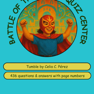 A colorful illustration featuring a smiling child wearing a wrestling mask, surrounded by decorative patterns, promoting a book quiz titled 'Battle of the Books'.