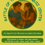A bright, playful poster for a quiz center featuring a boy playing guitar and a girl beside him, promoting a book by Laekan Zea Kemp.