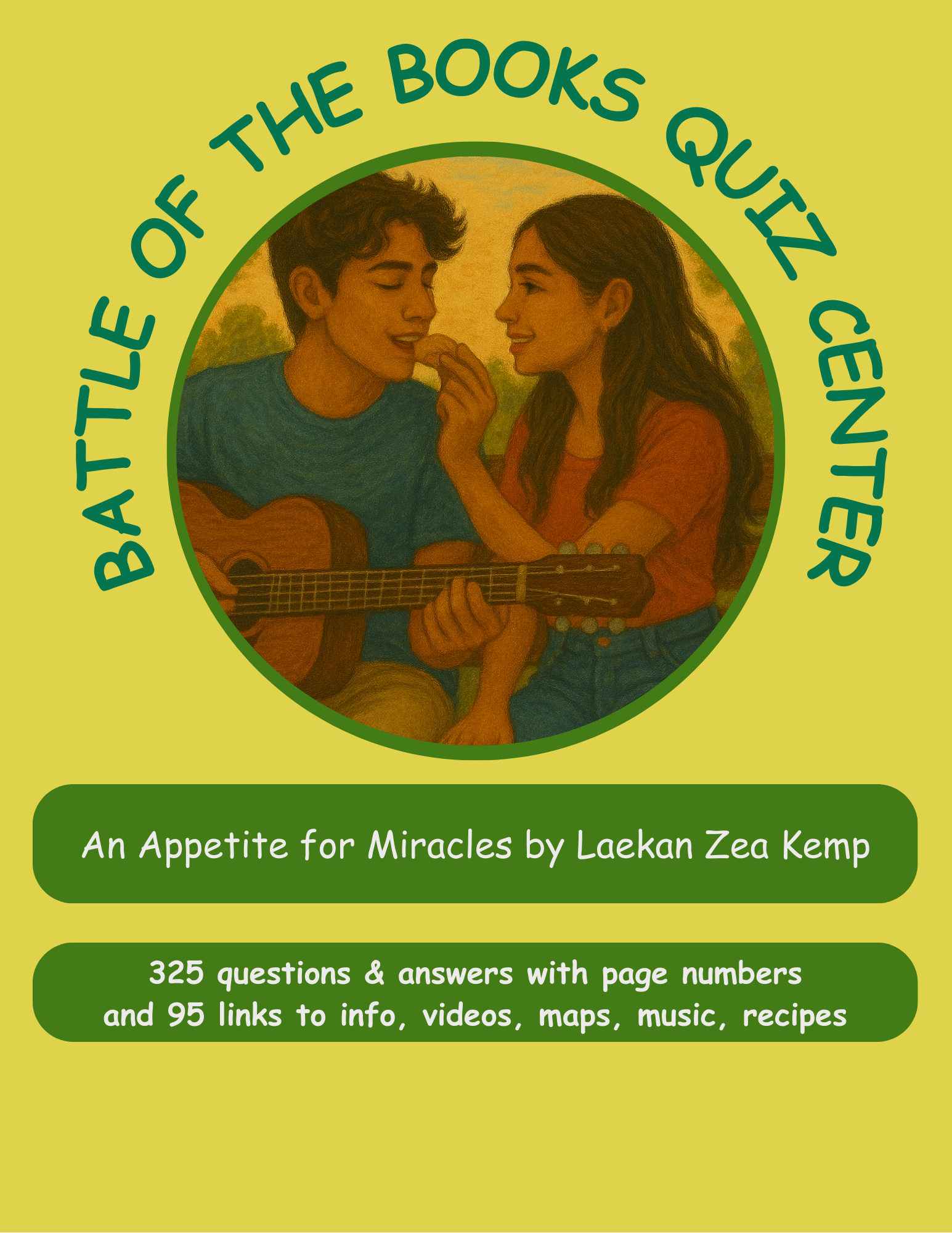 A bright, playful poster for a quiz center featuring a boy playing guitar and a girl beside him, promoting a book by Laekan Zea Kemp.