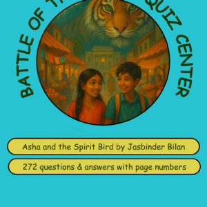 A colorful quiz cover featuring two children, a tiger illustration, and details about a book quiz titled 'Battle of the Books'.