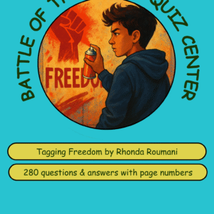 A vibrant graphic with a boy spray painting the word "FREEDOM," surrounded by banners for a quiz about the book "Tagging Freedom".