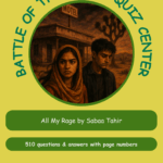 A vibrant quiz booklet cover featuring a young man and woman against a motel backdrop, promoting 'All My Rage' by Sabaa Tahir with 510 questions.