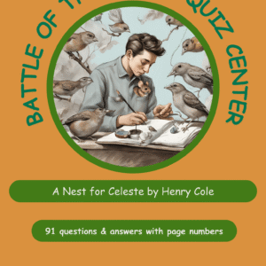 Book cover for 'Battle of the Books Quiz' showing a man drawing among birds on an orange background, with green circular frame and title text around the circle.