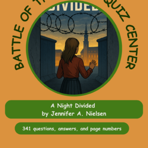 Book cover: a girl with brown hair stands at a gate with barbed wire, facing a lit city at dusk inside a green circle on an orange background, title A Night Divided.