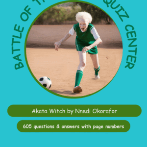 A young athlete in green sportswear kicks a soccer ball on a sandy field, surrounded by text about a book quiz.