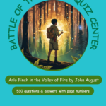 Book cover showing a boy with a backpack in a forest facing a glowing golden portal, the teal background with curved title text wrapping around a circle around the scene.