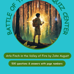 Book cover showing a boy with a backpack in a forest facing a glowing golden portal, the teal background with curved title text wrapping around a circle around the scene.