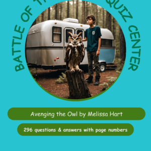 Book cover image: a boy and an owl in front of a trailer, enclosed in a teal circular frame with the title text around the edge and green rounded bars below showing the author and subtitle.