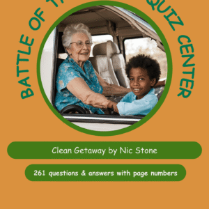 Poster for a 'Battle of the Books Quiz' with an elderly woman and a child in a bus, framed by a green circle on an orange background.
