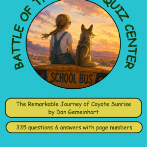 Book cover illustration: a girl with braided hair and a dog sit on a bus at sunset, inside a circular frame with teal background and curved text reading 'Battle of the Books Quiz Center'
