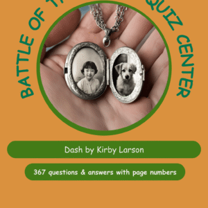 Circle logo for 'Battle of the Books Quiz Center' on an orange background; shows a held silver locket with two photos (girl and dog) inside.
