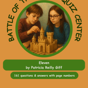 A quiz cover featuring two children engaged in a castle building activity, with the title 'Battle of the Books Quiz Center' and details about a book.