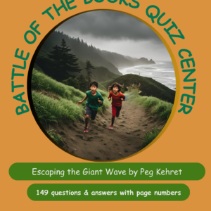 Two children run along a coastal path near the ocean, surrounded by trees and hills, with text about a quiz on a book.
