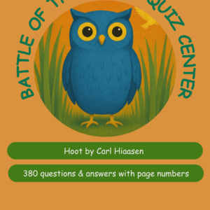 Orange book-cover featuring a blue owl centered in a circular cutout, with green rounded banners listing 'Hoot by Carl Hiaasen' and '380 questions & answers with page numbers'