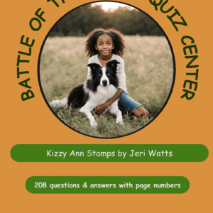 Book cover: girl with a dog in a field inside a circular photo on an orange background; text around the edge reads 'Battle of the Books Quiz'.