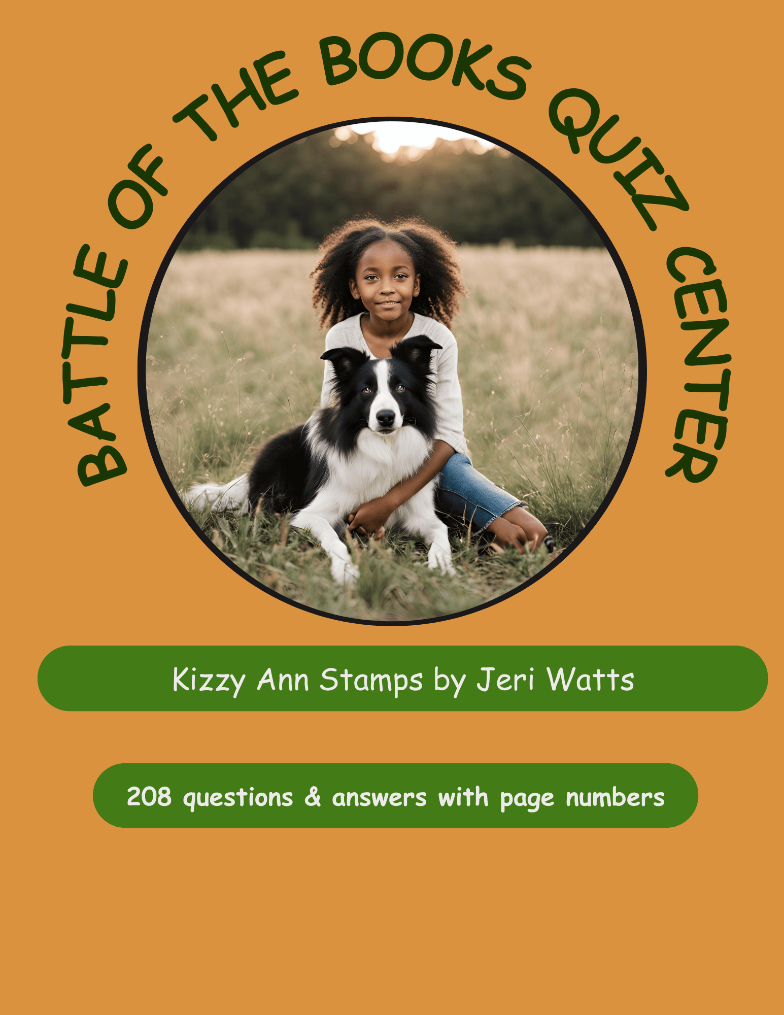 Book cover: girl with a dog in a field inside a circular photo on an orange background; text around the edge reads 'Battle of the Books Quiz'.