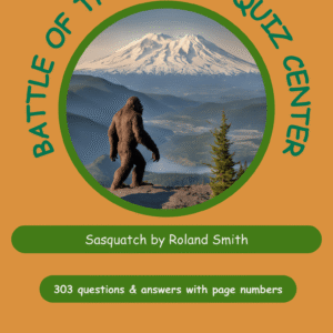 Book-cover style poster with a Sasquatch on a hill overlooking a snowy mountain landscape inside a green circle on an orange background.