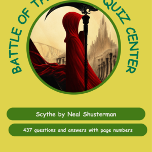 A quiz book cover for 'Scythe' by Neal Shusterman, featuring a red-hooded figure against a backdrop of an ancient city.
