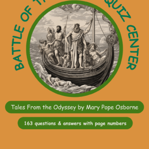 A quiz guide titled 'Battle of the Books Quiz Center', featuring 'Tales From the Odyssey', with an illustration of characters on a ship.