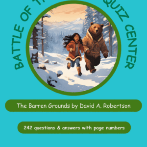 Book cover showing the title 'Battle of the Books Quick' around a circular illustration of a girl running with a bear in a snowy forest; author: David A. Robertson.