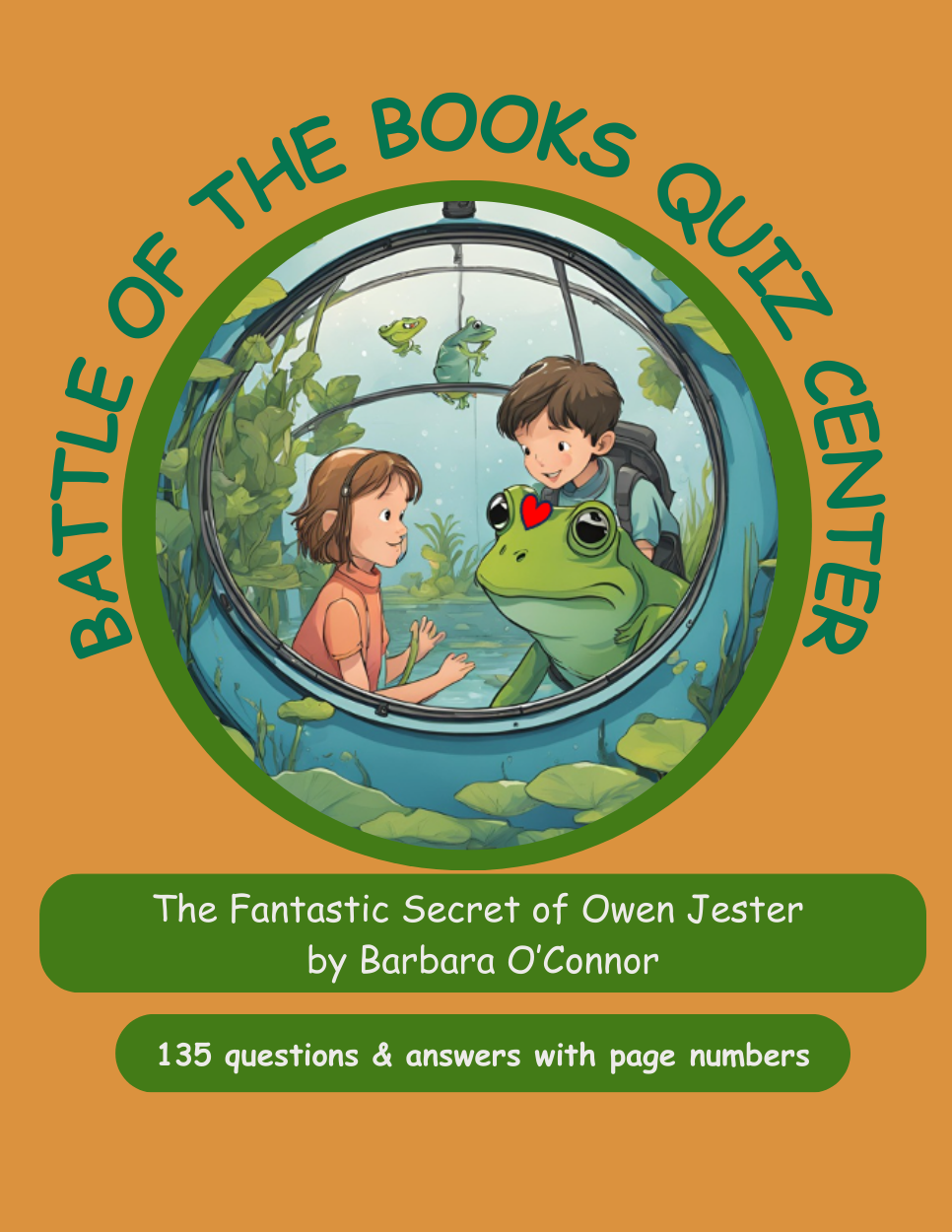 Cover illustration: two children talking to a frog inside a circular window on an orange background, with a green curved title around the circle.