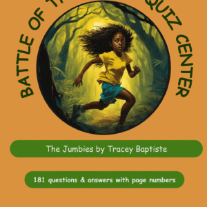 Book cover: The Jumbies by Tracey Baptiste. A girl runs through a jungle circle on an orange background.