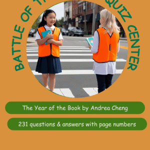Two girls in orange vests hold books while crossing a street, with the title 'Battle of the Books Quiz Center' prominently displayed.