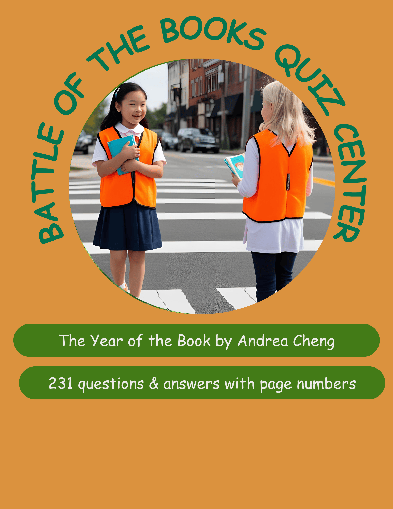 Two girls in orange vests hold books while crossing a street, with the title 'Battle of the Books Quiz Center' prominently displayed.