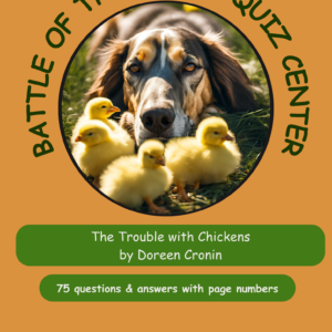 Children's book cover on an orange background: a circular photo of a dog with ducklings, title 'The Trouble with Chickens' by Doreen Cronin.