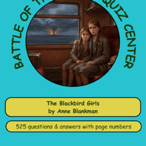 A graphic design featuring two girls on a train, with a stormy landscape outside, promoting a quiz centered on 'The Blackbird Girls'.