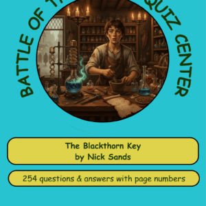 Book cover for The Blackthorn Key by Nick Sands, showing a young apprentice in an alchemist's workshop with teal circular frame around it.