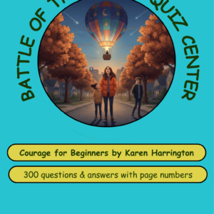 Book cover for Courage for Beginners by Karen Harrington, featuring a hot-air balloon above a tree-lined street on a teal background.