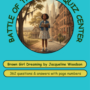 A colorful book cover featuring a young girl holding a book in a city setting, promoting a quiz about 'Brown Girl Dreaming'.