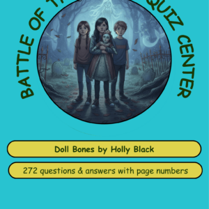 Book quiz cover: four kids in a graveyard circle, teal background, title arc reading 'Battle of the Books Quiz Center' around the circle, with yellow caption bubbles listing 'Doll Bones by Holly Black' and '272 questions & answers with page numbers'