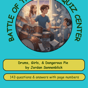 A vibrant quiz cover featuring a boy playing drums surrounded by scattered papers, with two characters observing, themed around a book by Jordan Sonnenblick.