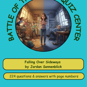 A colorful quiz cover featuring a girl in a split room, promoting questions related to 'Falling Over Sideways' by Jordan Sonnenblick.