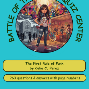 Cover art for a book-quiz titled 'Battle of the Books Quiz' featuring a punk teen girl at the center with headphones, surrounded by graffiti and a school, on a teal background.