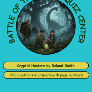 A quiz center design featuring three adventurers in a jungle scene, with a focus on the book 'Cryptid Hunters' by Roland Smith and quiz details.