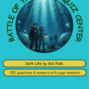A colorful poster for a quiz on 'Dark Life' by Kat Falls, featuring two characters underwater with text details.