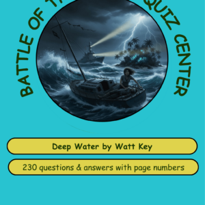 A vibrant cover for a quiz book on 'Deep Water' featuring stormy seas, a small boat, and a boy, highlighting 230 questions and answers.