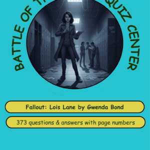 Teal poster with a circular inset showing a woman in a trench coat holding a clipboard in a dim server-room, others in the background; curved text reads 'Battle of the Books Quiz Center'.