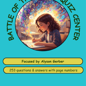 A whimsical quiz cover showcasing a girl surrounded by colorful educational elements, highlighting a trivia quiz with 253 questions curated by Alyson Gerber.